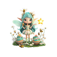 Fototapeta premium Adorable Fairy with Cupcakes and Bees in a Flower Garden