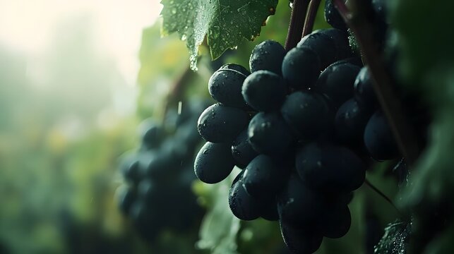 Ripe dark grapes on vine, vineyard, morning dew, harvest.  Use wine label