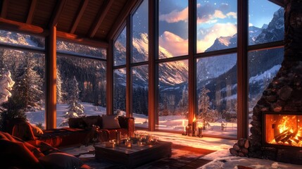 Cozy cabin interior with warm fire, snowy mountain view and sunset glow through large windows