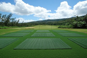 Lush Green Synthetic Turf Panels on an Expansive Landscape Under Vibrant Blue Sky with Fluffy Clouds and Scenic Mountain Backdrop in a Rural Setting