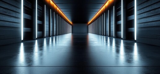 Futuristic Concrete Corridor with Neon Lighting in Minimalist Industrial Style