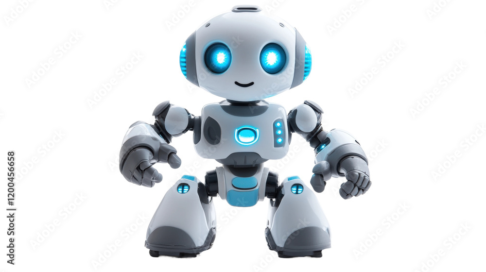 Poster friendly robot character with bright blue features stands in a playful pose isolated on transparent 