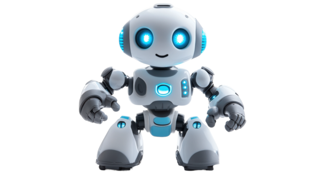 Friendly robot character with bright blue features stands in a playful pose isolated on transparent background