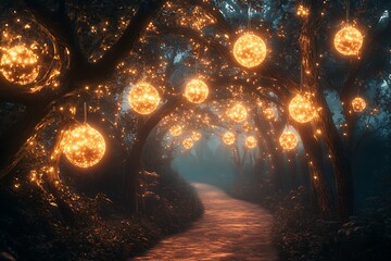 Magical forest path at night with glowing orbs hanging from trees.