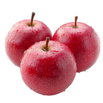 Three fresh mamiew pomerac fruits with dew drops on transparent background showcasing their vibrant red color, Mamiew Pomerac or Malay Apple on transparent background