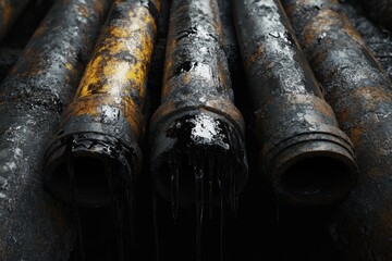 Industrial pipes leaking black oil in a dim environment highlighting environmental concerns and infrastructure issues. Generative AI