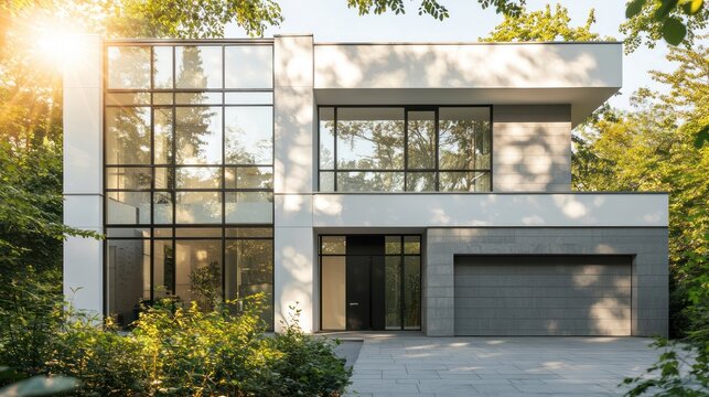A minimalist house featuring a white and slate-gray facade, angular geometry, and a flat roof