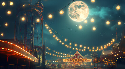 Mysterious carnival at night under full moon. Vintage Carnival Lights. Illustration