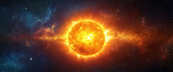 Obraz premium Vibrant Cosmic Sun Radiating in Space with Starry Night Sky