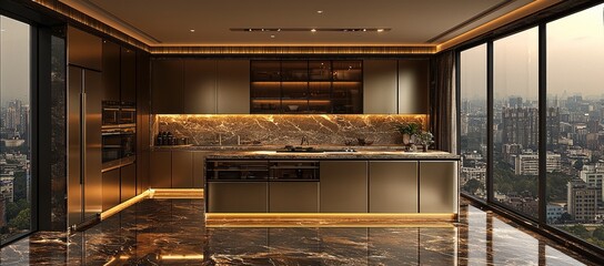 Luxurious modern kitchen, city view, high-rise apartment, evening light