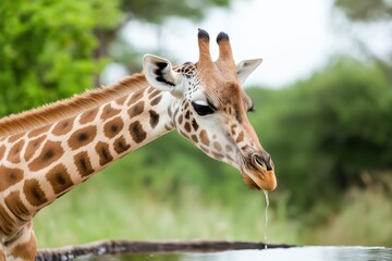Obraz premium Giraffe bends over to drink water at a water hole in Namibia capturing the tranquility of wildlife moments