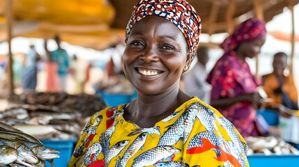Smiling Woman in Fish-Print Dress at Market - Photo