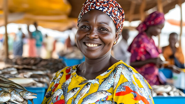 Smiling Woman in Fish-Print Dress at Market - Photo