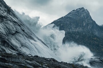 Majestic Waterfall Cascading Down Rugged Mountainous Terrain with Dramatic Clouds and Powerful Spray Capturing Nature's Raw Energy in Stunning Landscape