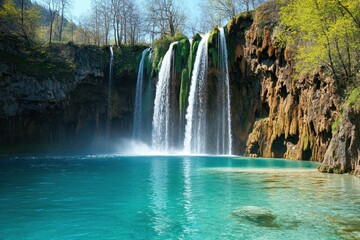 Majestic Waterfall Cascading into Crystal Clear Pool Surrounded by Lush Greenery and Rocky Cliffs on a Bright Sunny Day in a Picturesque Natural Landscape