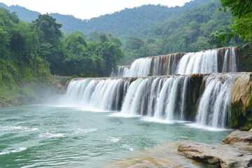 Fototapeta premium Majestic Waterfall Surrounded by Lush Greenery and Serene River in a Picturesque Natural Landscape with Mountains in the Background