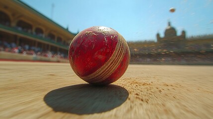 A cricket ball spinning in mid-air as a bowler delivers a spin ball, with the crowd and stadium blurred in the background. 38