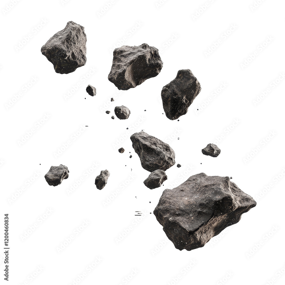 Poster asteroids floating in the air against a clean transparent background capturing a space phenomenon, a