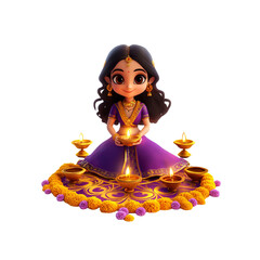 Adorable 3D Render of a Young Girl Celebrating Diwali with Lit Diyas