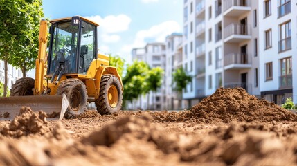 Fototapeta premium Yellow Excavator Moving Earth at a Construction Site
