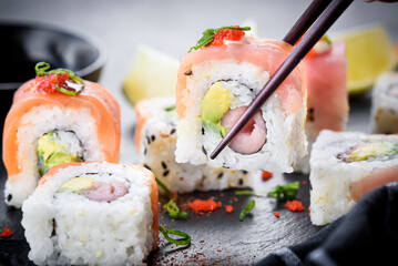 Fresh made colorful sushi served