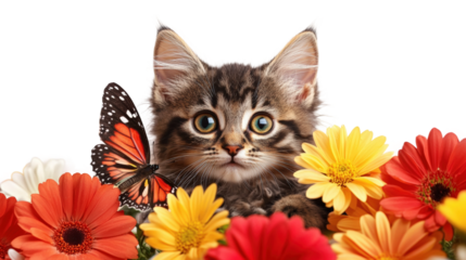 Cute kitten surrounded by colorful flowers and a butterfly in a bright setting isolated on transparent background