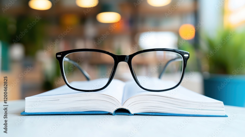 Poster glasses resting on an open book in a cozy cafe setting