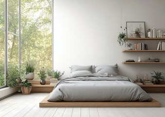 Minimalistic Scandinavian Bedroom Design with Cozy Bed Grey Linens Natural Lighting Shelf Plants