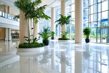 Modern Office Lobby with Lush Greenery and Bright Sunlight Streaming Through Large Windows