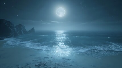 Serene night scene of ocean waves gently lapping on a sandy beach under a full moon and starry sky.