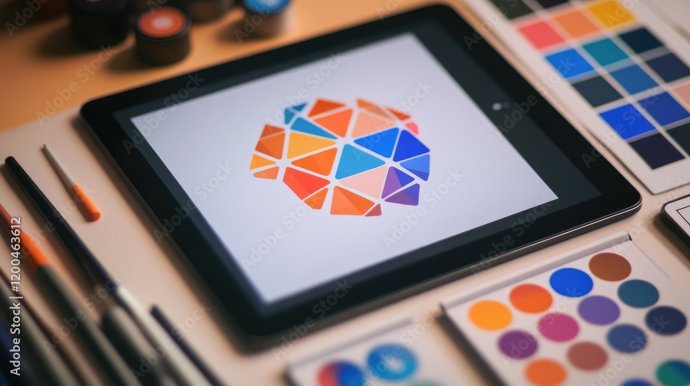 Poster a close-up of a digital tablet displaying a logo design with color palettes beside it.