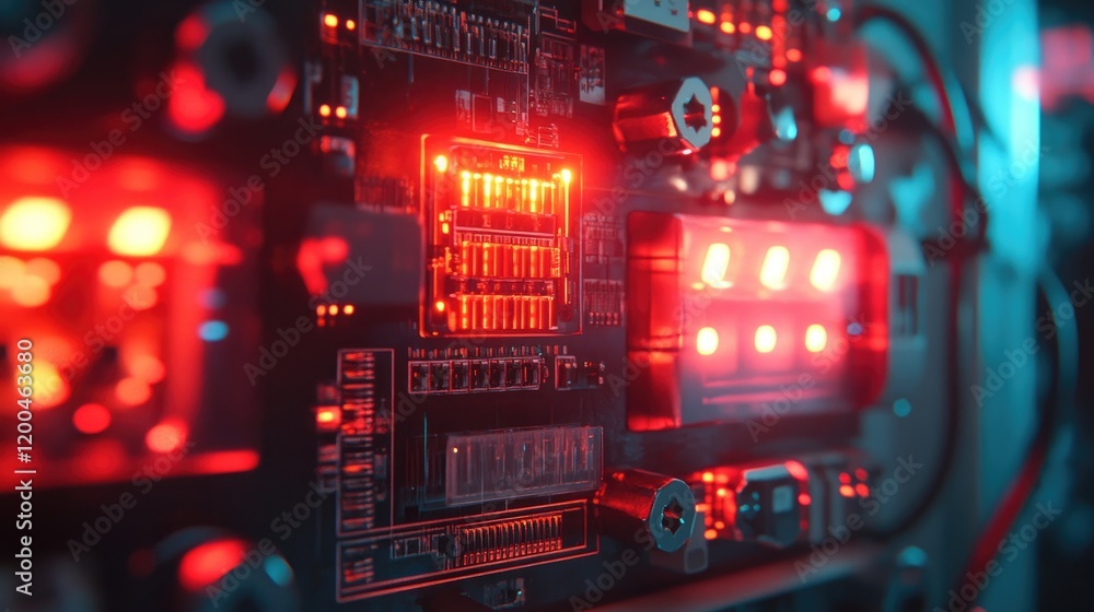 Poster a close-up of a fuse box with neatly labeled circuits and glowing indicators.