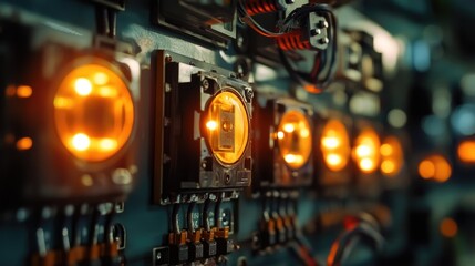 A close-up of a fuse box with neatly labeled circuits and glowing indicators.