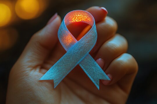 Hand Holding Blue Ribbon for Diabetes Awareness with Blood Drop
