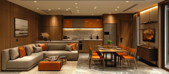 Modern apartment living room, kitchen, dining area.  Luxury interior design