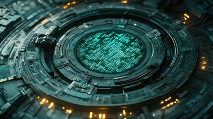 Fototapeta premium Futuristic Teal Tech Panel: Digital Interface Close-Up