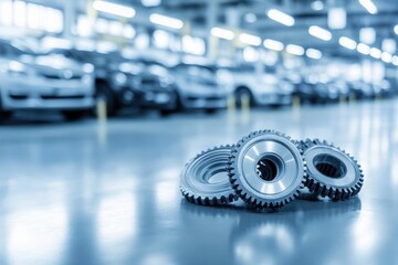 Metallic gears and mechanical components on a blurred automotive workshop background, showcasing precision engineering and industrial design in a modern facility