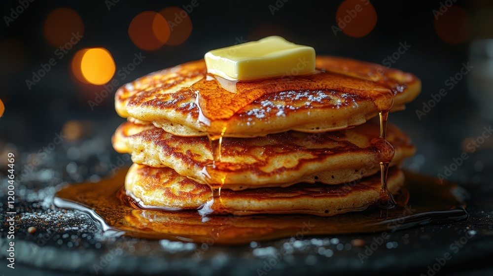 Poster stack of fluffy pancakes drizzled with syrup and topped with a pat of butter.