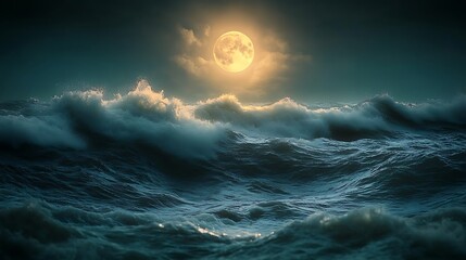 Dramatic ocean waves crashing under a large full moon at night.