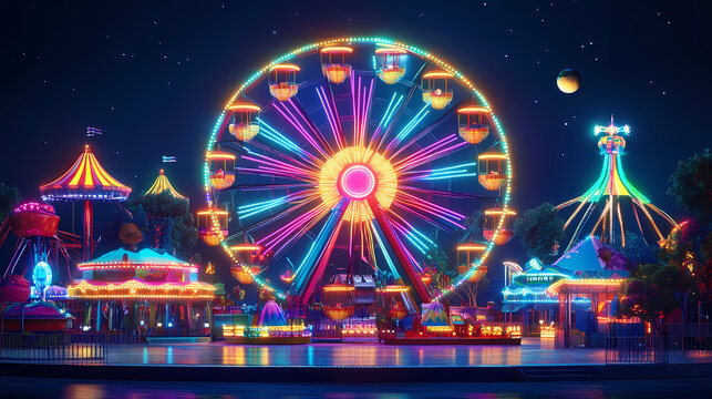 A colorful amusement park with a ferris wheel and other rides. the ferris wheel is lit up in neon colors. Vintage Carnival Lights. Illustration