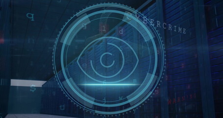 Image of data processing and scope with eye icon over computer servers