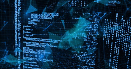 Image of data processing over network of connections on black background