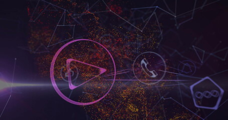 Image of network of connections with icons over light spots on black background