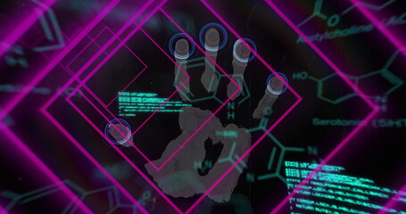 Image of shapes over and data processing over chemical formula and hand on black background