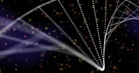 Image of dna strand spinning over glowing spots on dark background