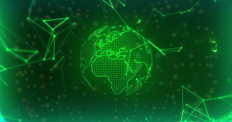 Image of network of connections over globe on black background