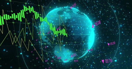 Fototapeta premium Image of network of connections and data processing over globe on black background