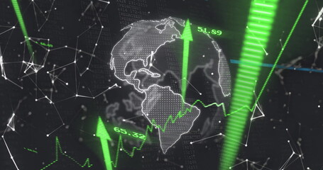 Image of network of connections and arrows with data processing over globe on black background