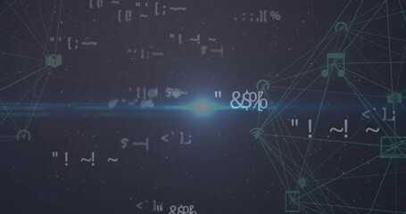 Image of data processing over network of connections with icons on black background