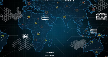 Image of network of connections with data processing over world map on black background